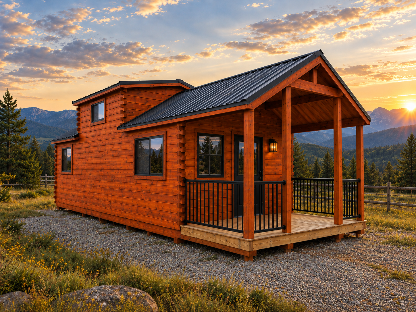 A wooden house with a porch, set against a backdrop of mountains and a sunset sky, surrounded by trees and grassy terrain.
