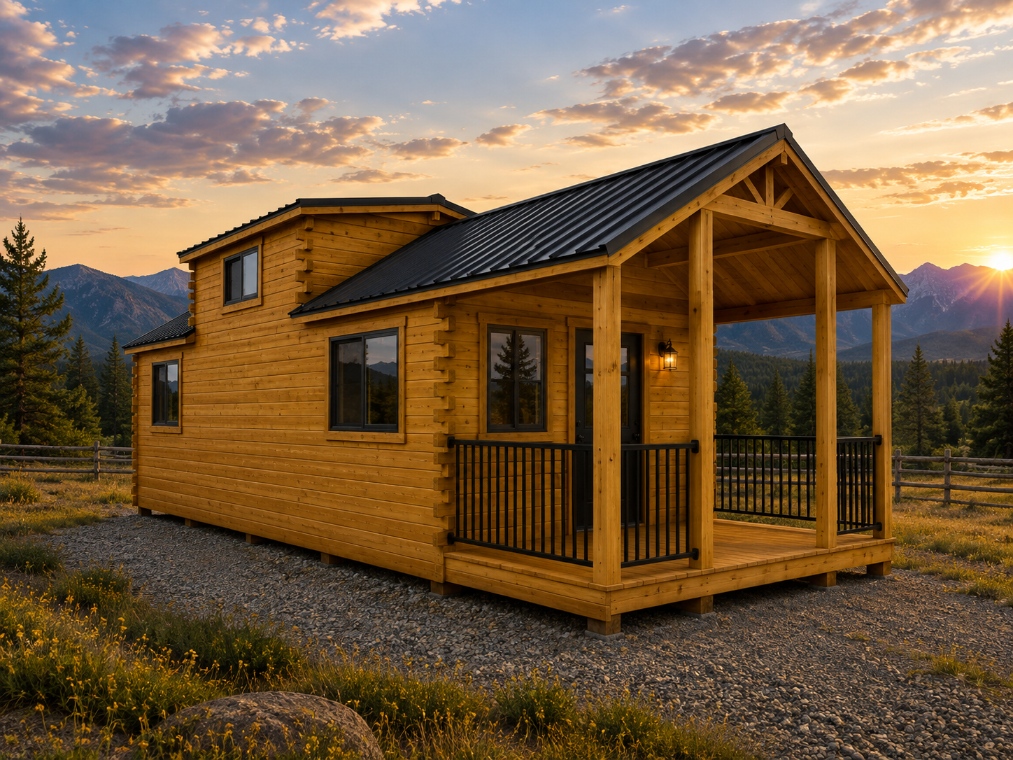 A two-story wooden house with a front porch, black metal railing, and porch light, set against mountainous terrain and a sunset sky with scattered clouds.