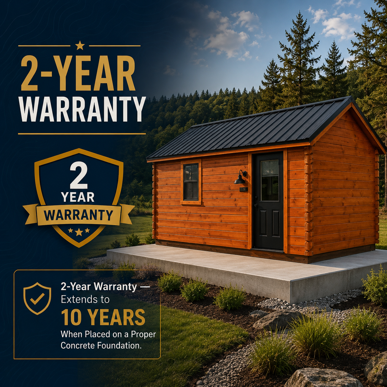 A small wooden house with a black door and window on a concrete foundation in a lush green landscape under a partly cloudy sky. The image promotes a 2-year warranty that extends to 10 years when placed on a proper concrete foundation.