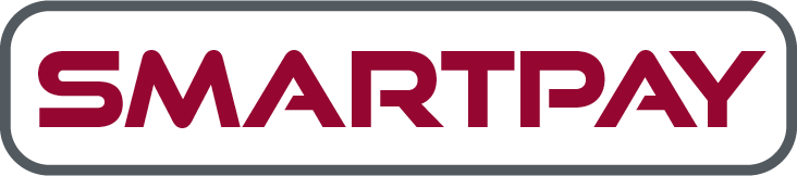 SmartPay logo in maroon text on black background with gray border.