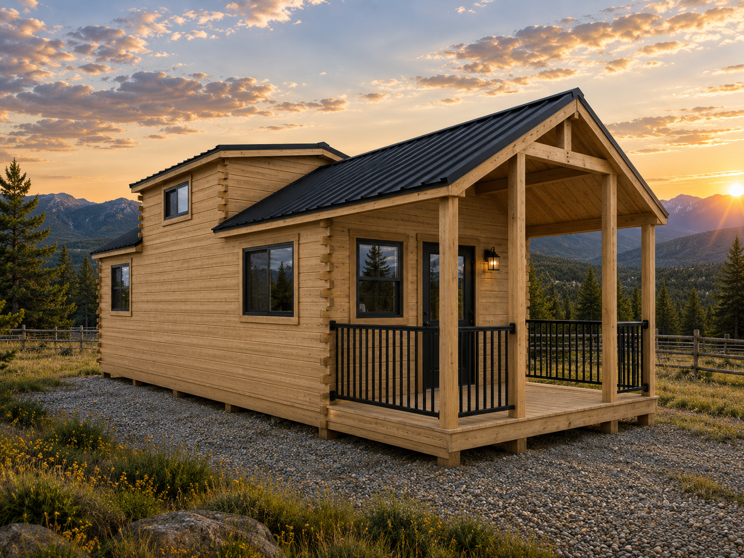 A small wooden house with a porch and railing, set in a mountain landscape at sunset.