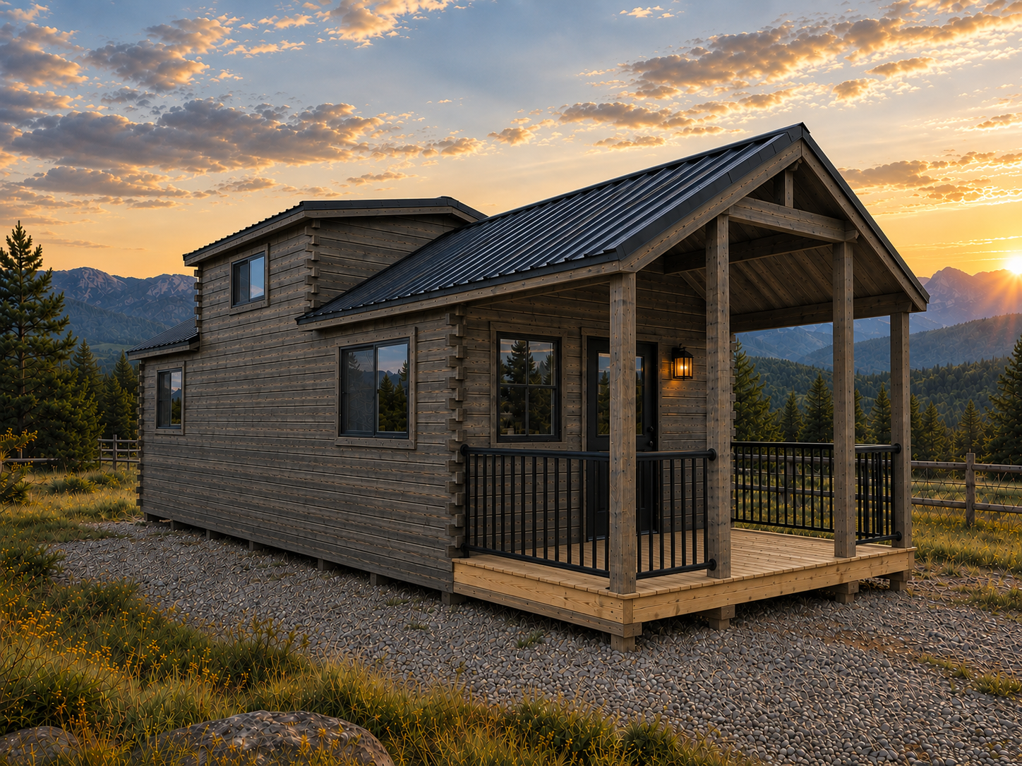 A wooden house with a balcony, surrounded by trees and mountains, during sunset.