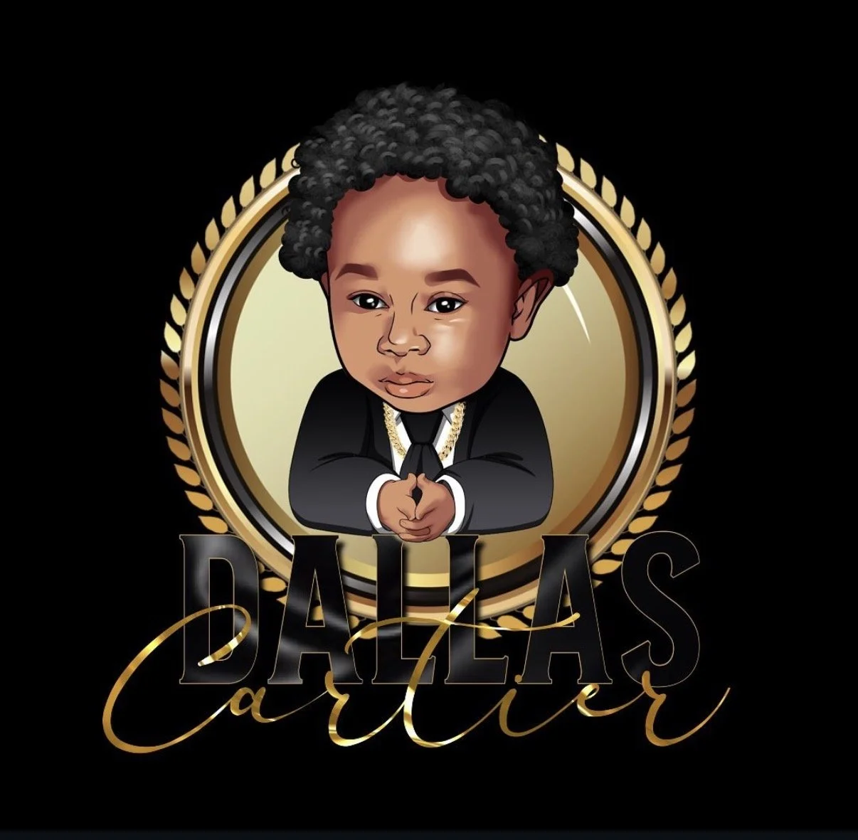 A digital caricature of a young boy with curly hair, dressed in a black suit with a white shirt and black tie, wearing gold chains, and standing in front of a gold and black emblem with the words "Dallas Carter" written in gold cursive.