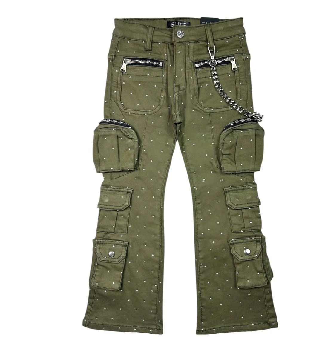 Army Green Chain Stacked Jeans