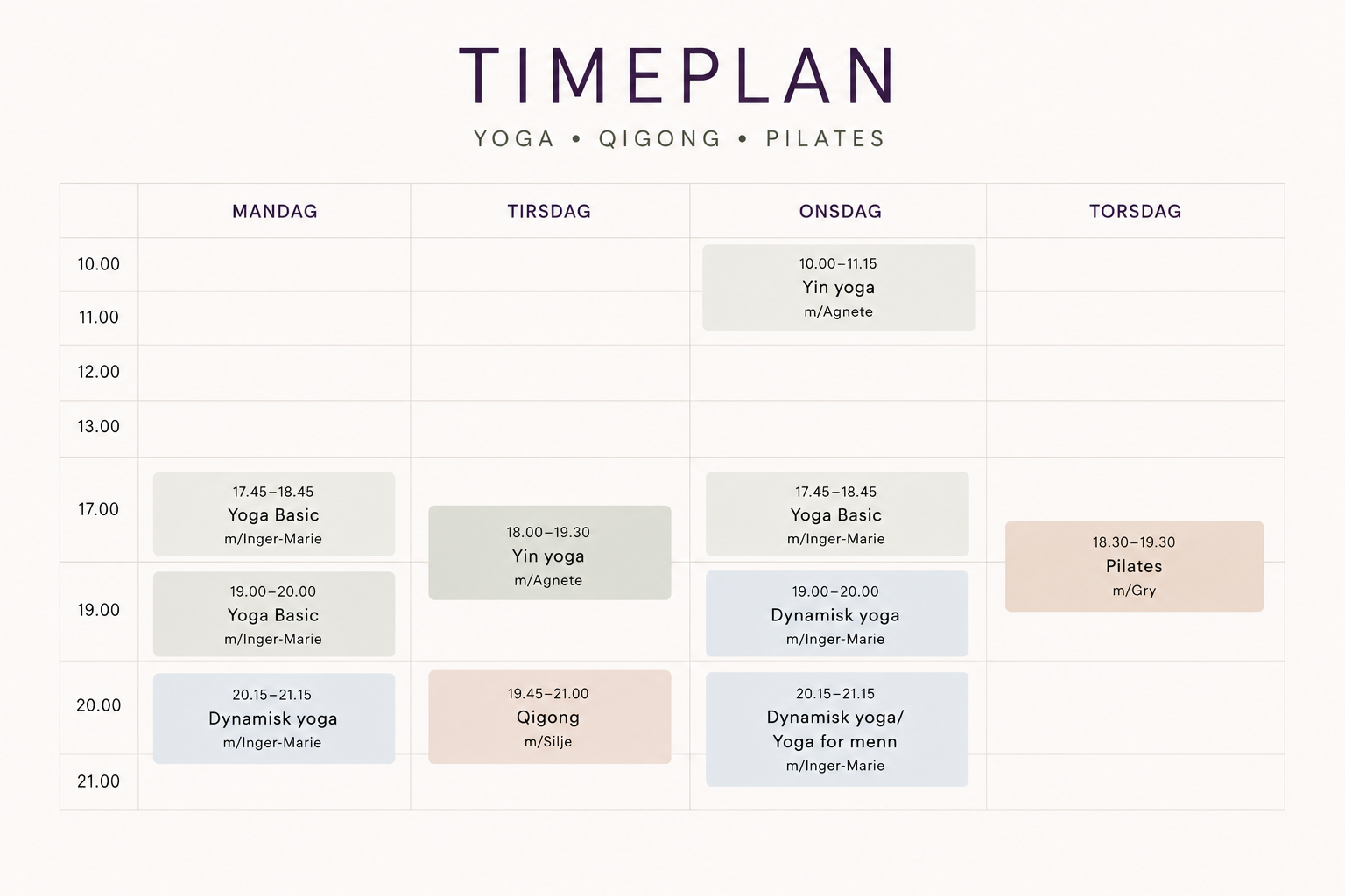 Timeplan for kurs MyYoga Fornebu
