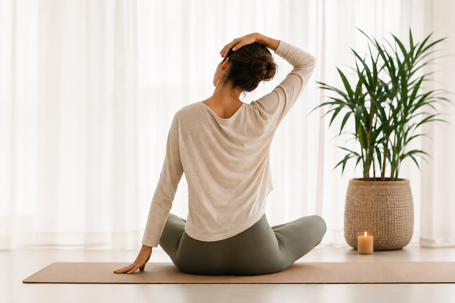 Kvinne sitter på yogamatte og gjør en rolig strekk for nakke og skuldre i et lyst og rolig rom.
