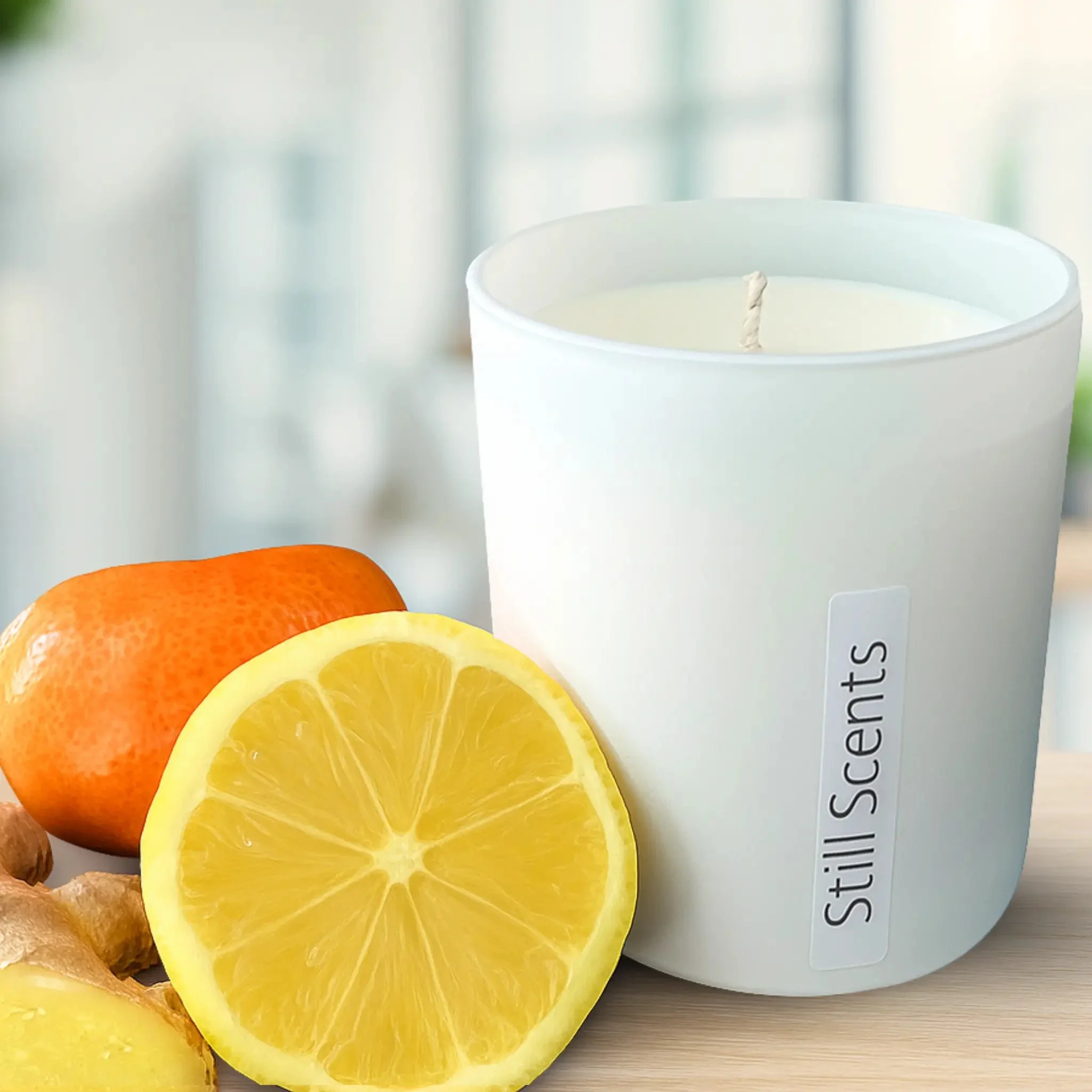 A white candle labeled 'Still Scents' next to a lemon half, an orange, and a piece of ginger on a wooden surface.