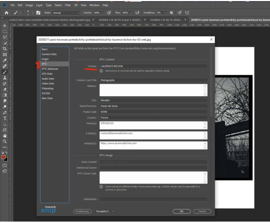 Screenshot of a photo metadata editing window open in Adobe Photoshop, displaying IPTC contact information, creator name, address, phone number, email, and website details.