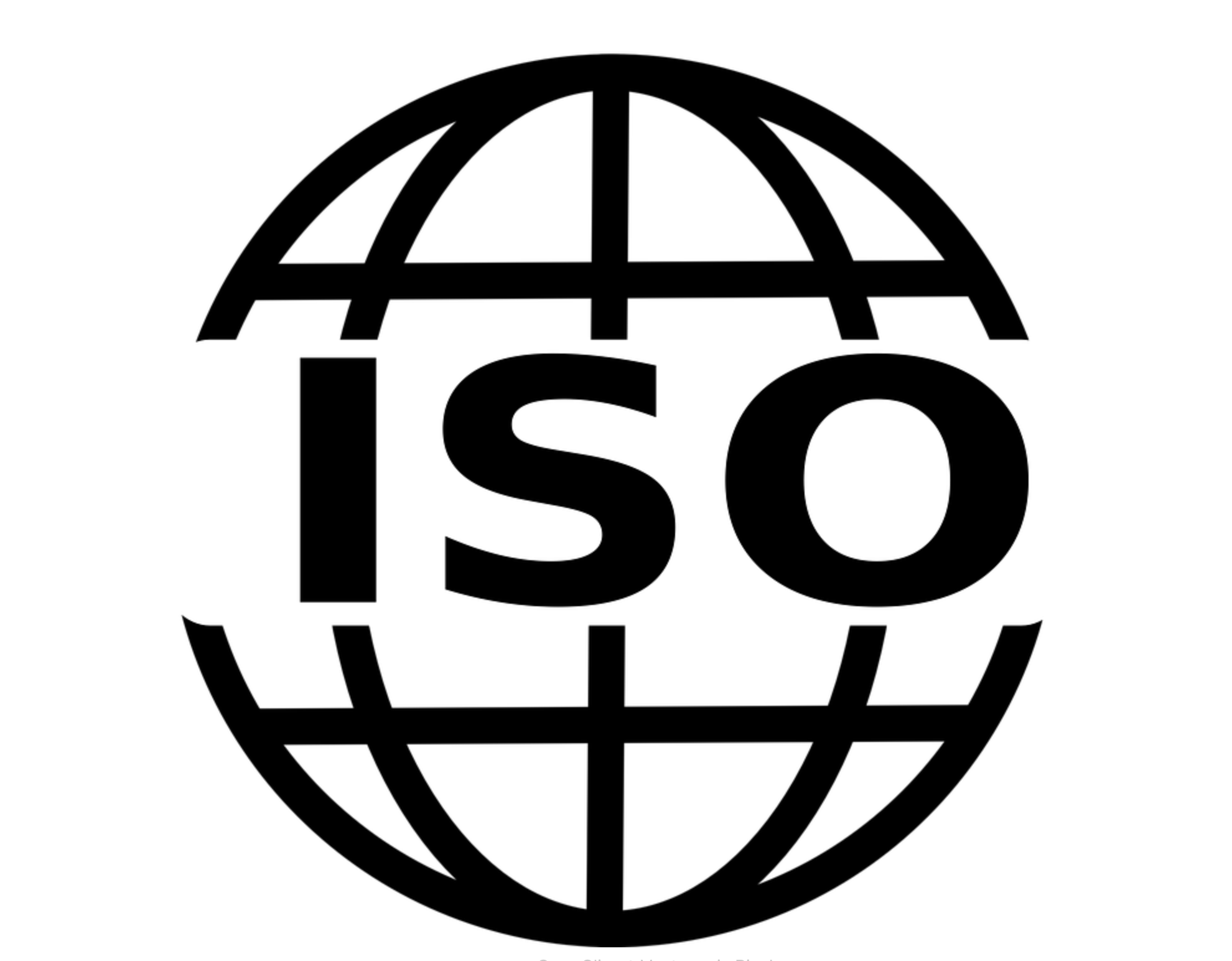 Black and white logo of the International Organization for Standardization (ISO) with a globe and the letters 'ISO' in the center.