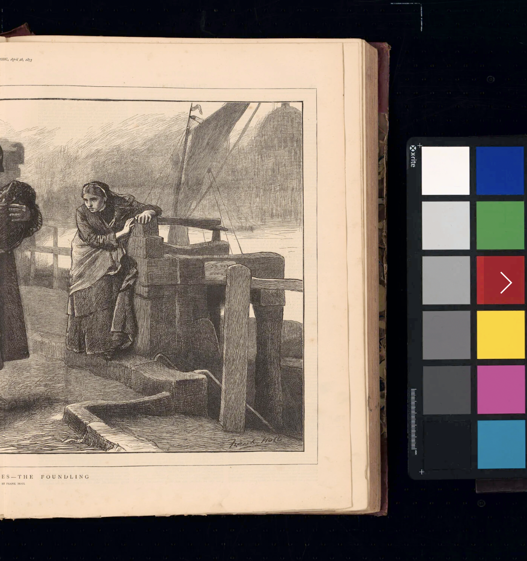 A black and white illustration of a woman leaning on a railing near a dock, with a boat in the background, titled 'The Foundling'.