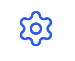 Blue gear icon on a white background