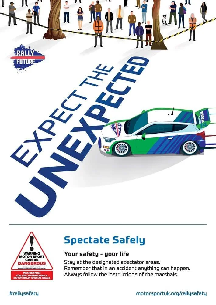 A promotional poster for a motorsport rally event emphasizing safety. The image shows a race car with a colorful design, spectators behind a caution tape, and safety messages including warnings to stay in designated spectator areas and follow marshal instructions. The text overlay reads "Expect the Unexpected" and "Spectate Safely."