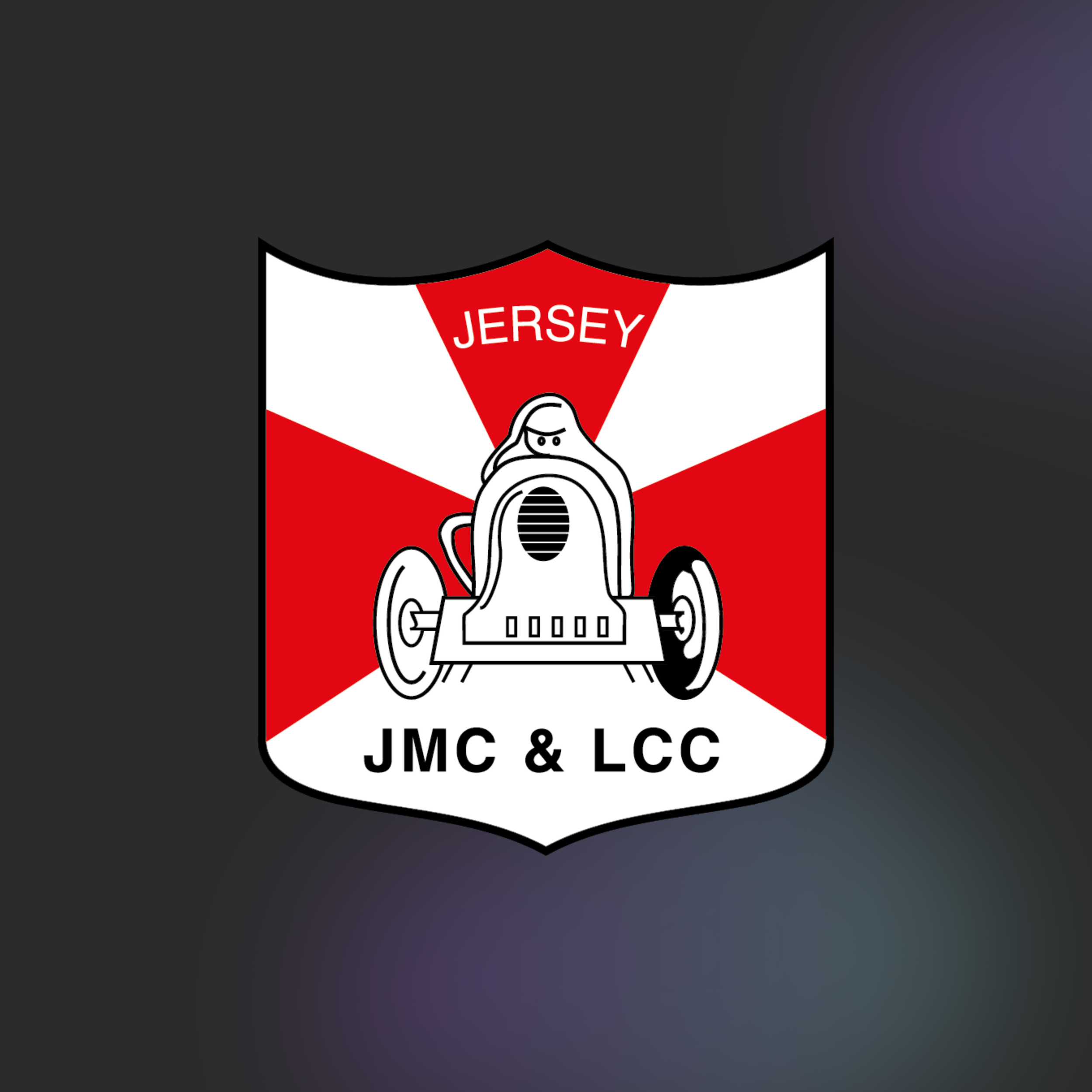 A shield-shaped emblem with a black, red, and white color scheme featuring a cartoon-style clown car with angry eyes and the words 'Jersey' at the top and 'JMC & LCC' at the bottom.