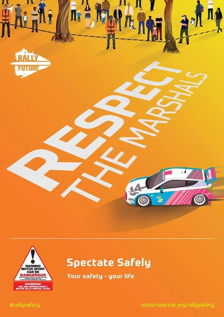 A colorful illustration promoting rally racing safety, featuring a rally car on a dirt track with spectators behind a safety barrier, and large text that says 'Respect the Marshals.' The bottom includes safety messages and caution symbols.