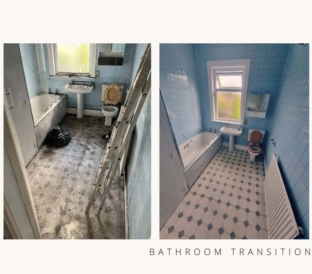 Bathroom restoration: Side-by-side comparison of a neglected facility (left) versus a deep-cleaned, sanitised bathroom with blue tiles and restored white fixtures (right), showcasing professional industrial cleaning standards.