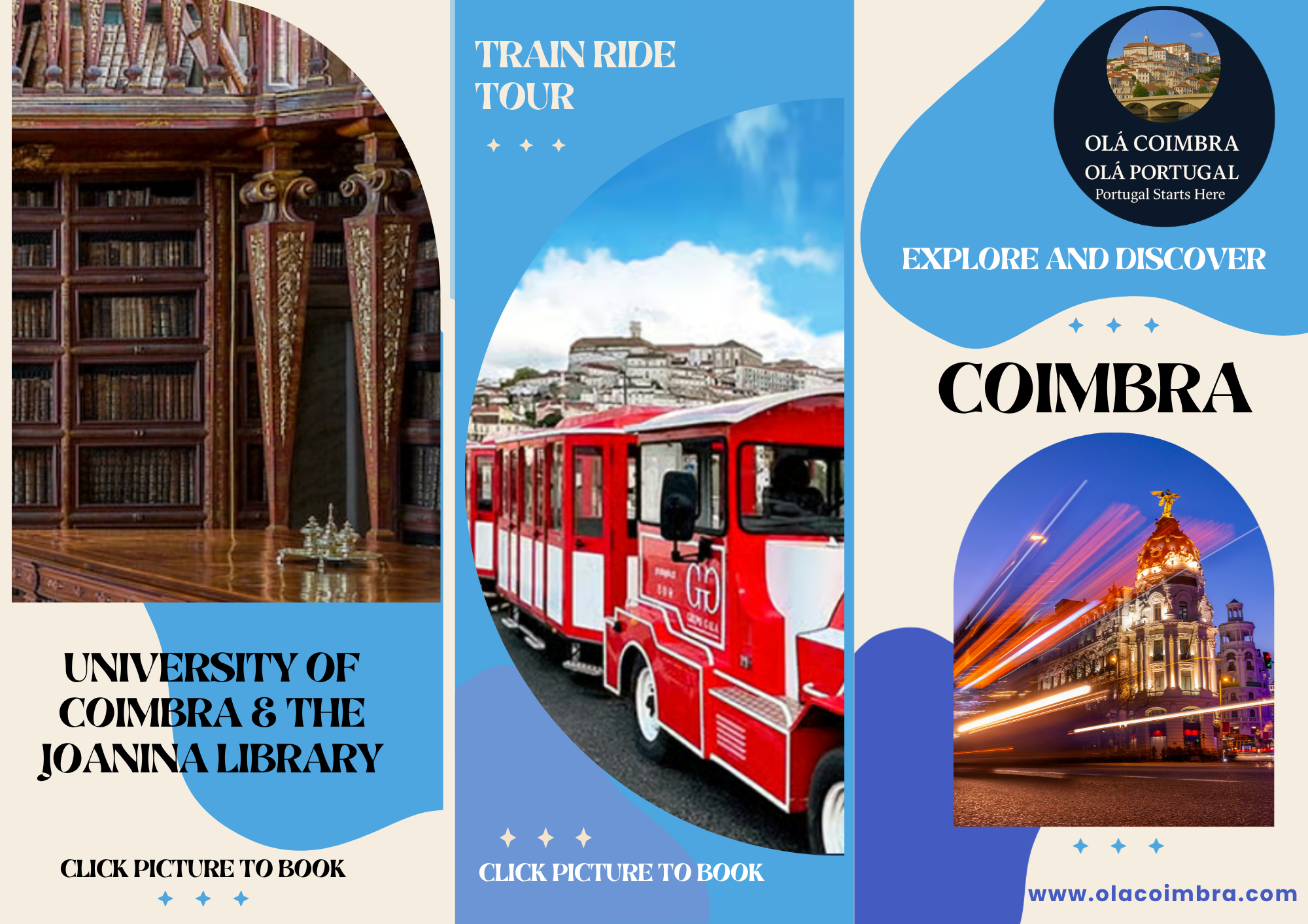 A colorful promotional poster for a train ride tour of Coimbra, Portugal, featuring images of the university library, a red tourist train, a historic building, and nighttime cityscape with light trails.