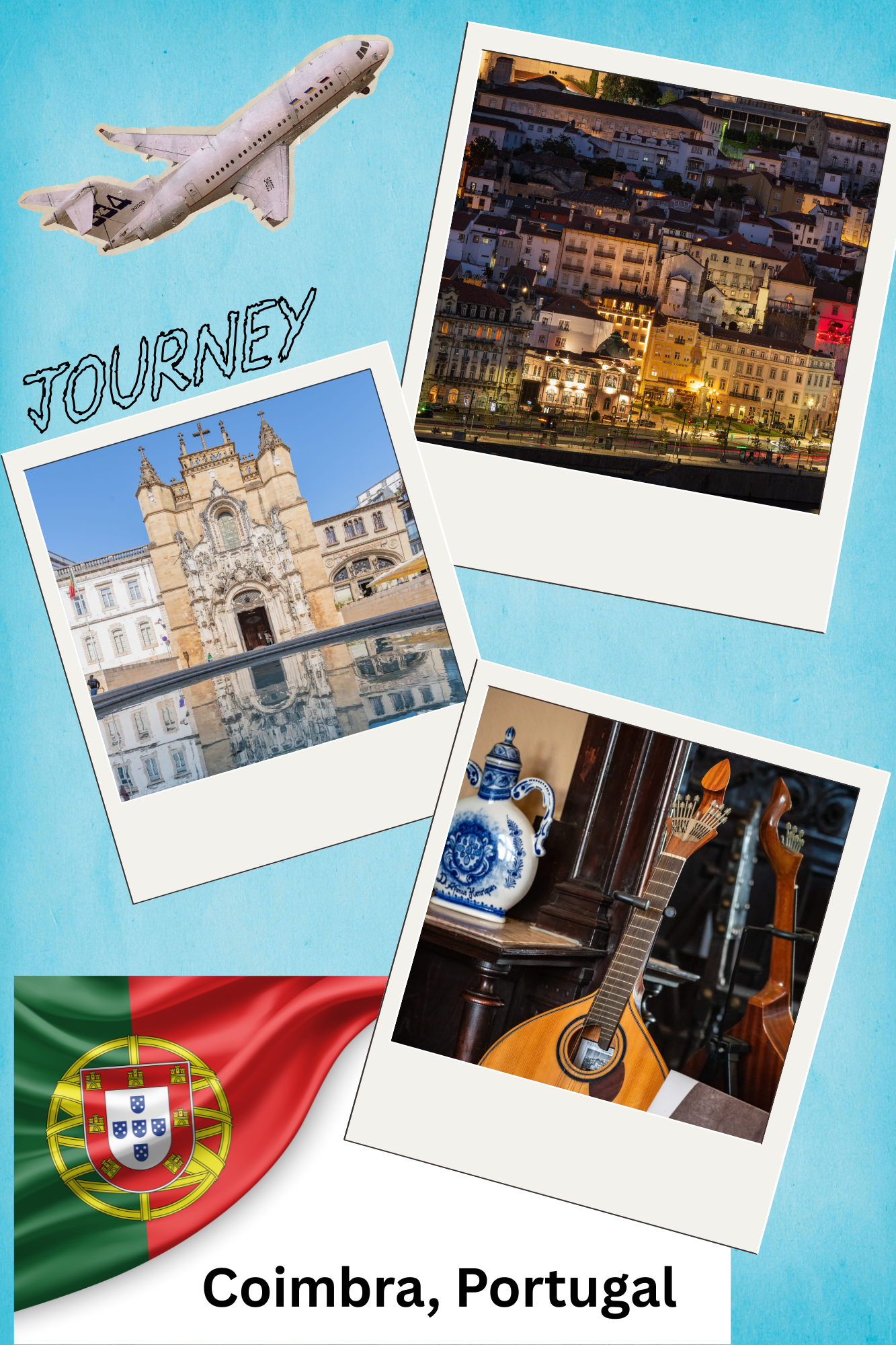 Souvenir brochure for Coimbra, Portugal featuring cityscape photos, Lombard architecture, a Portuguese flag, and a guitar with traditional blue and white Portuguese pottery.