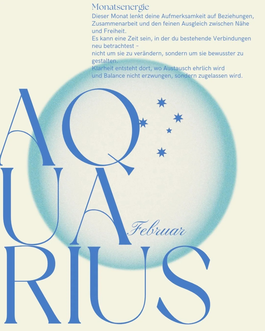 Wassermann-Energie erinnert mich daran, dass Freiheit ein innerer Zustand ist: klar im Kopf, weit im Herzen und verbunden mit etwas Gr&ouml;&szlig;erem (call it what you wanna call it: Energien, Universum, Creator, Gott, Ursprung)
Wassermann sagt: Ic