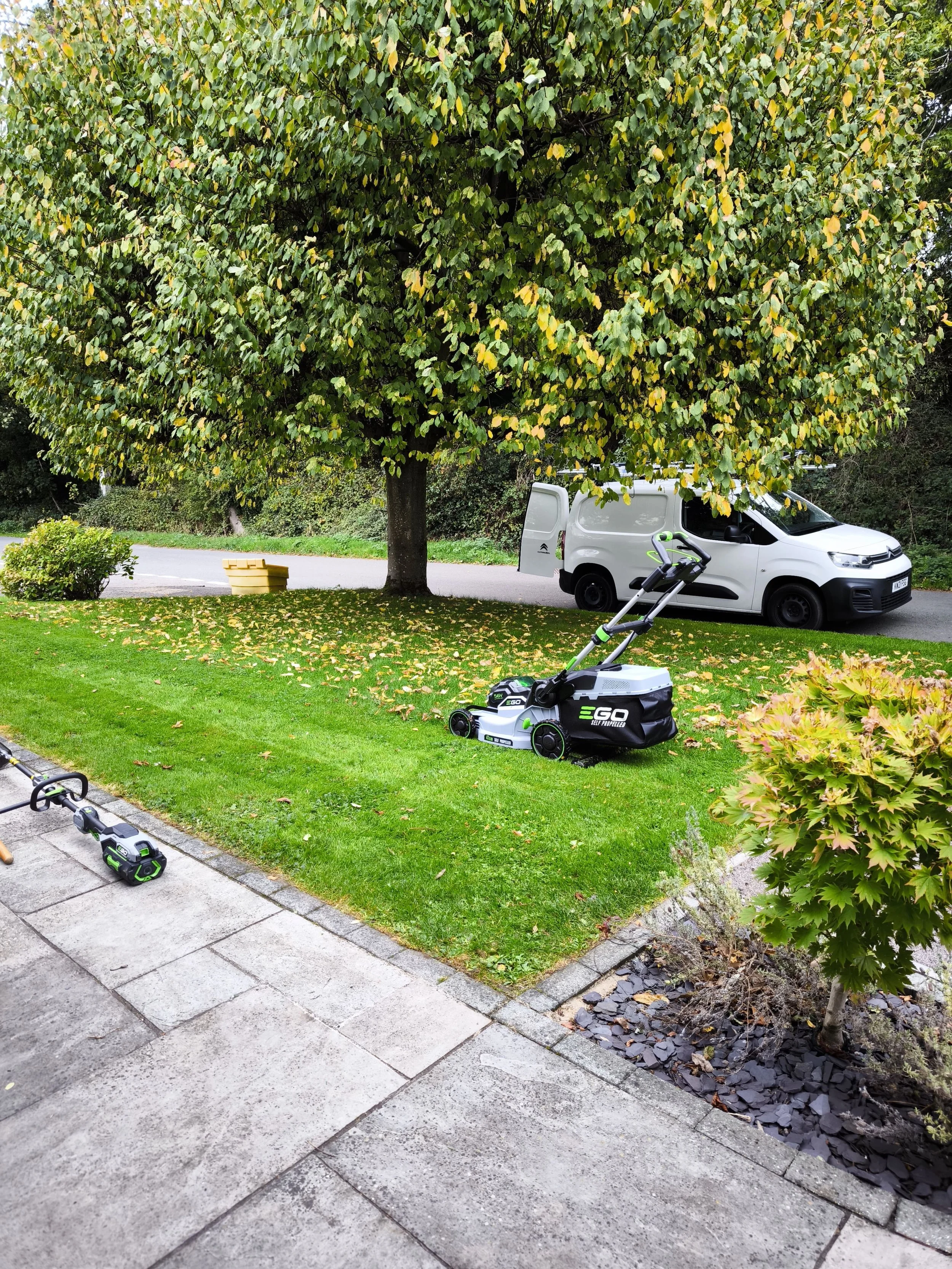 Garden maintenance with a lawn mower on grass lawn