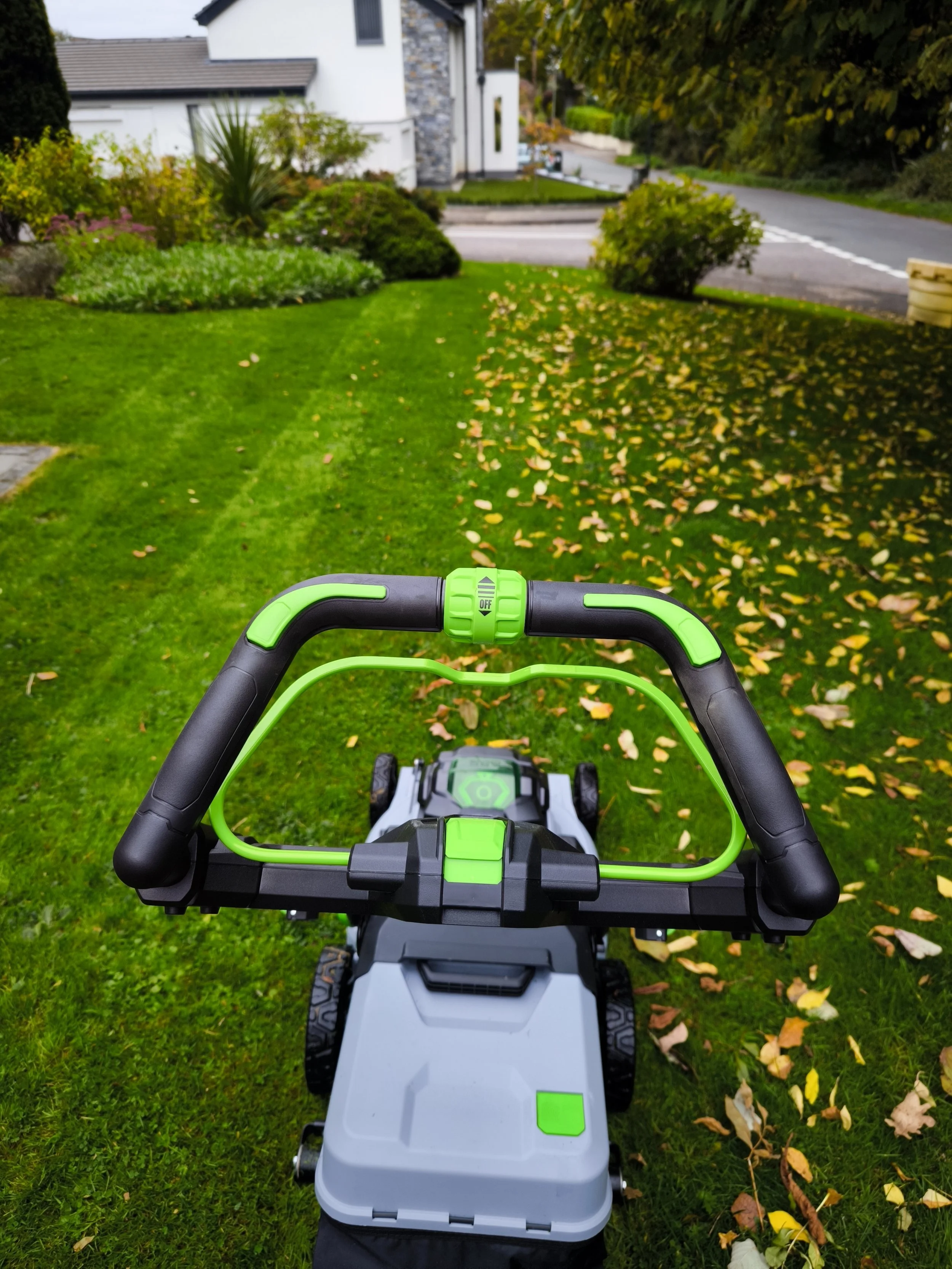 View from above of a lawnmower on a well-maintained grassy yard with fallen leaves, near a garden and a residential street.