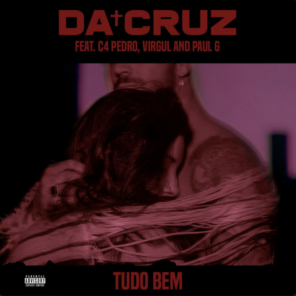 Music album cover featuring a close-up of a man and woman embracing. The woman has long hair covering her face and is wrapped in a pinkish cloth. The man has facial hair and a tattoo visible on his shoulder. The background is dark with purple lightin