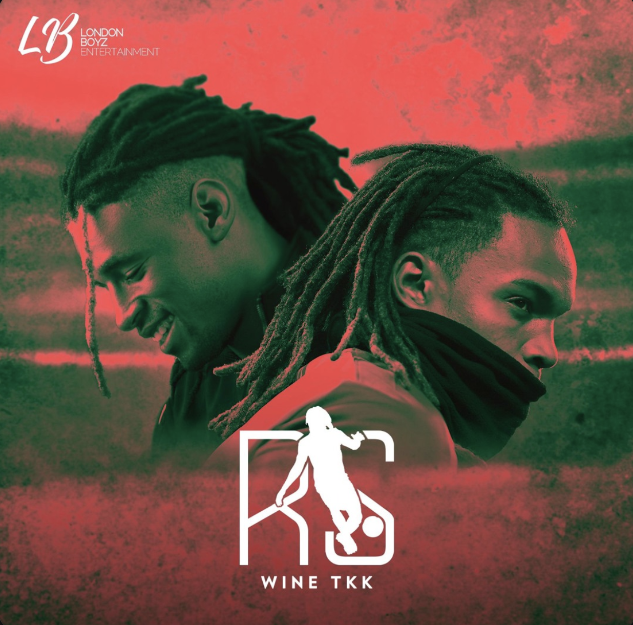 Two young men with dreadlocks smiling and looking downwards in a stylized outdoor setting with a red and green filter. Text reads "London Boyz Entertainment" and a logo featuring a basketball player.