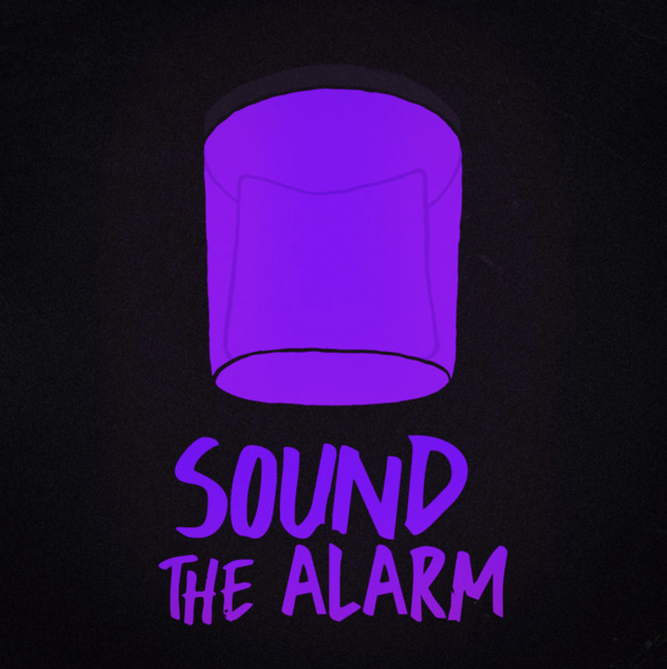 A glowing purple alarm clock icon with the text 'Sound the Alarm' written below in purple letters.