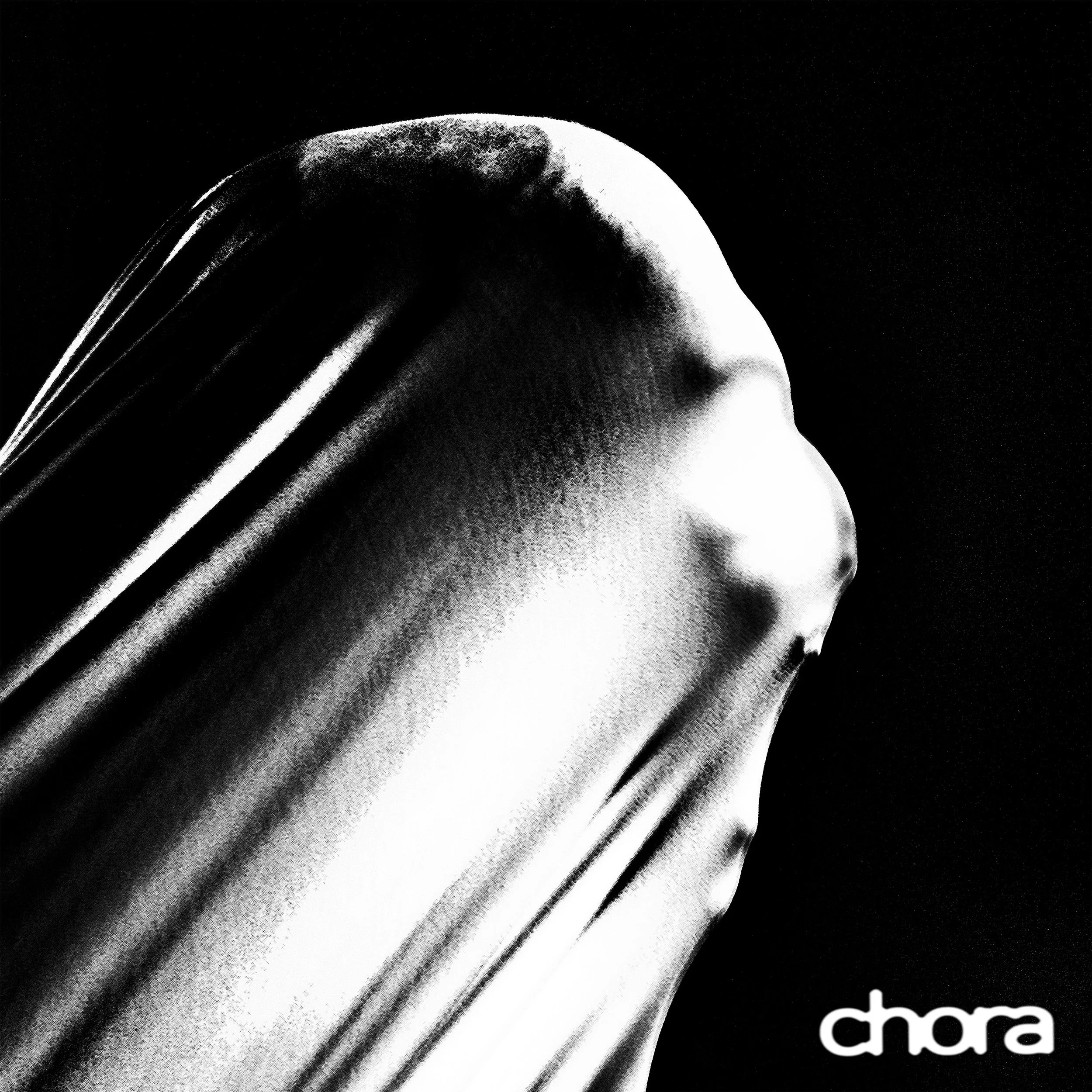 Close-up black-and-white photo of a dancing person hidden behind a sheer fabric, with the word 'chora' in white text in the lower right corner.