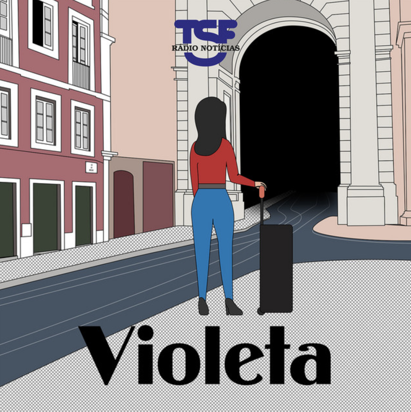 An illustration of a woman with black hair, wearing a red top and blue pants, standing at a street corner with a suitcase, looking into a dark arched passageway marked with a sign that says 'TSF Radio Noticias.'