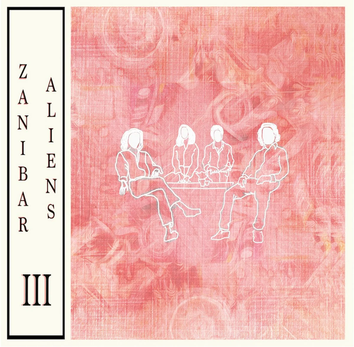 Album cover for "Aliebars II" featuring a pink textured background with a faint illustration of a dog. In the foreground, a white line drawing of four women sitting around a table with cups, with no facial features, and the text "Zanibar Aliebars II"