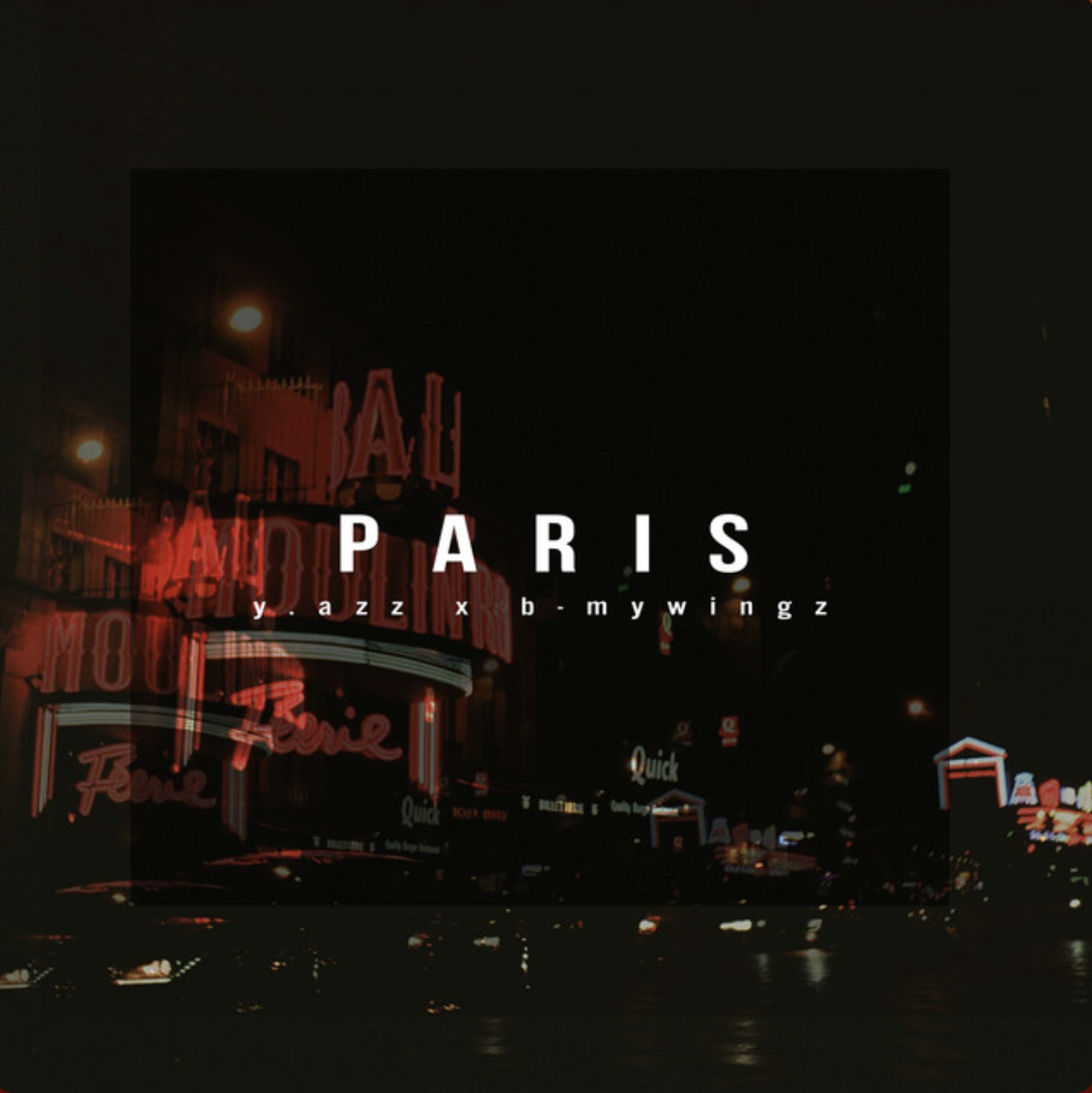 Night scene of Las Vegas Boulevard with neon signs and reflections on the street, overlaid with the text 'PARIS' and the artist's name.