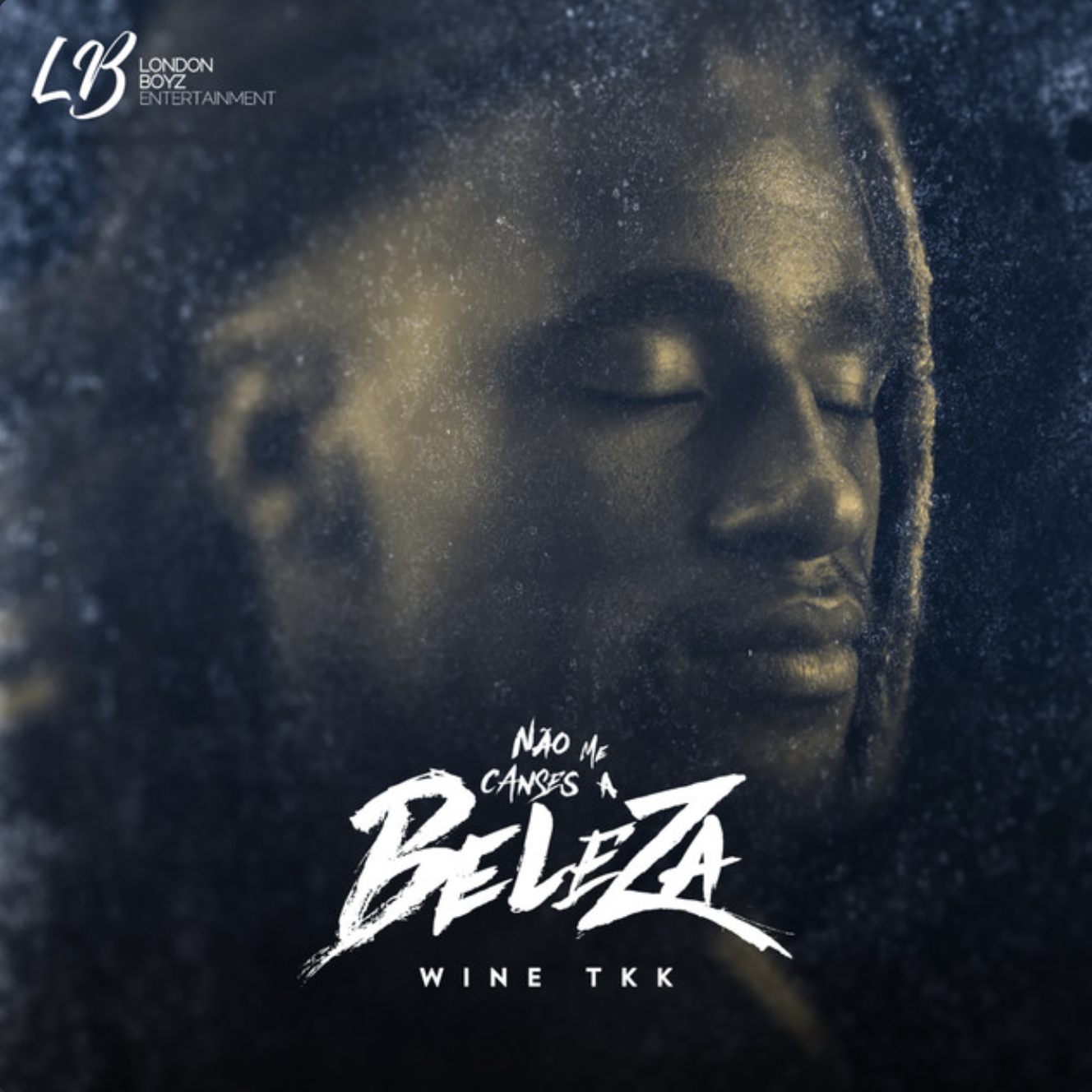 Close-up of a face with closed eyes, surrounded by a misty, textured surface, with text in Portuguese that reads 'Não me canges a beleza' and additional text 'Wine TKK' and logos in the upper left corner.