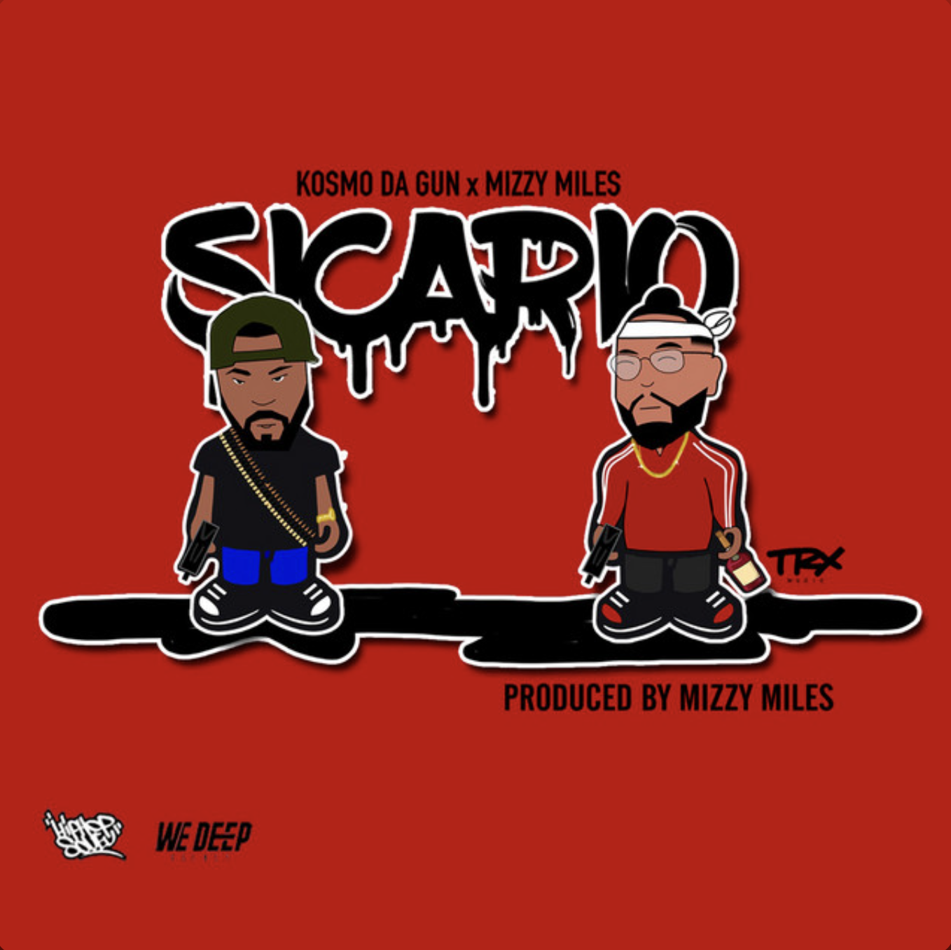 Digital artwork featuring two cartoon-style characters, one with a green cap and gold chain, and the other with glasses and a white headband, against a red background. The text includes "Skario," "Kosmo Da Gun x Mizzy Miles," and "Produced by Mizzy M