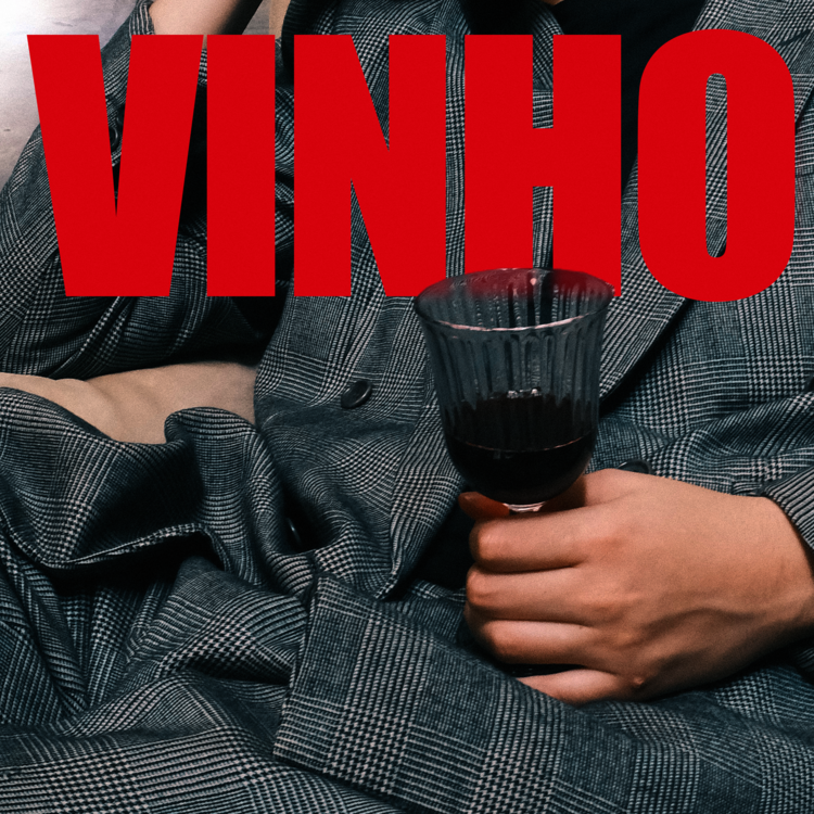 Person in a gray plaid suit holding a glass of red wine, with large red text reading 'VINHO' over the image.