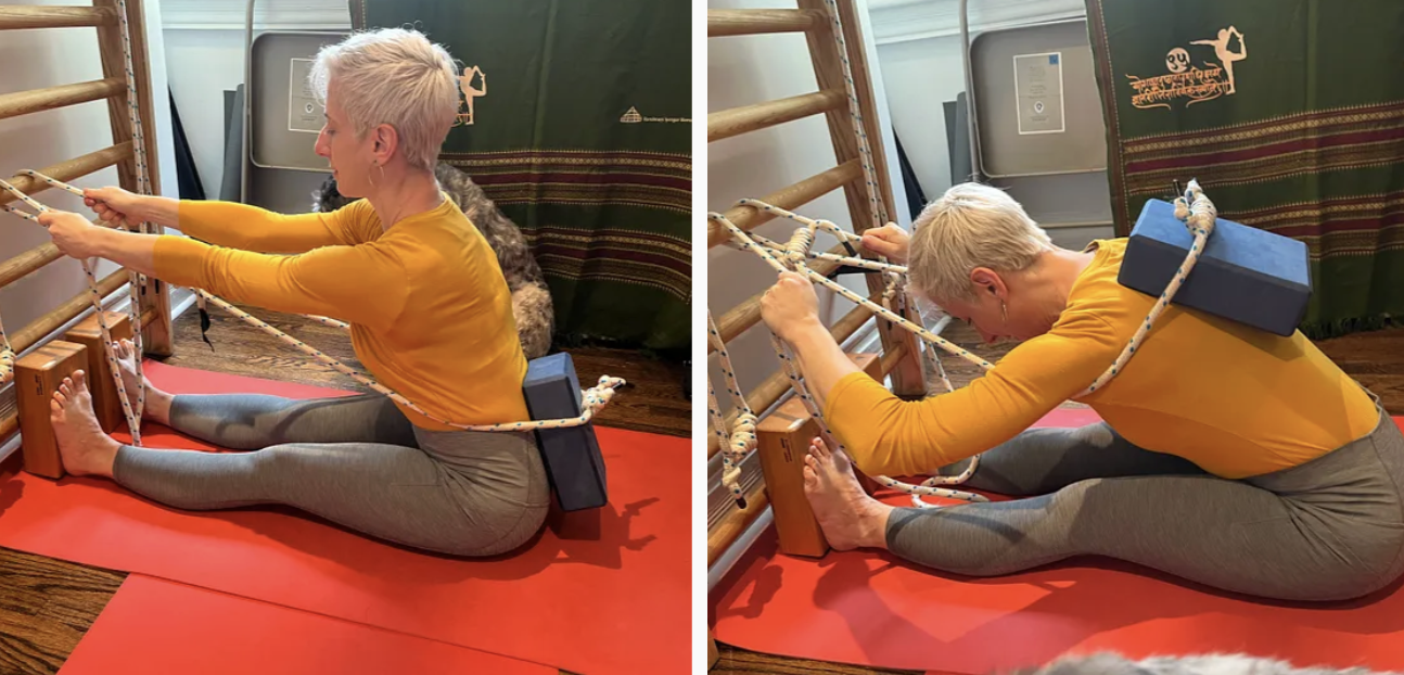 Stephanie exploring variations of Paschimottanasana in her home practice.