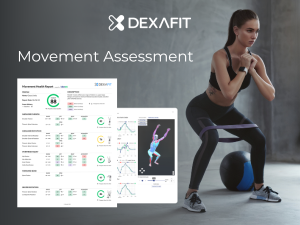 woman performing squats with movement analysis report overlayed
