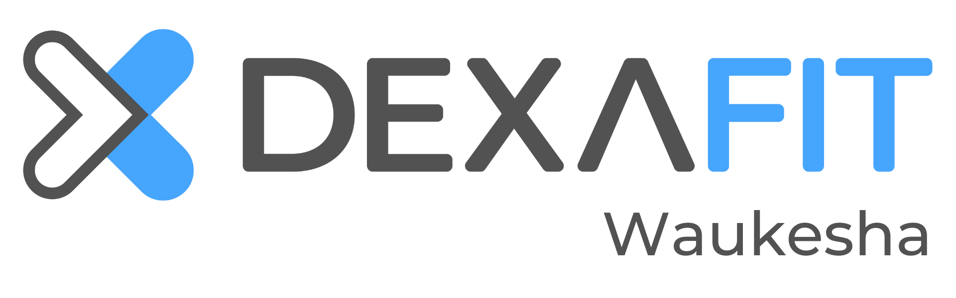 DexaFit Milwaukee logo with stylized arrow and text in black and blue.