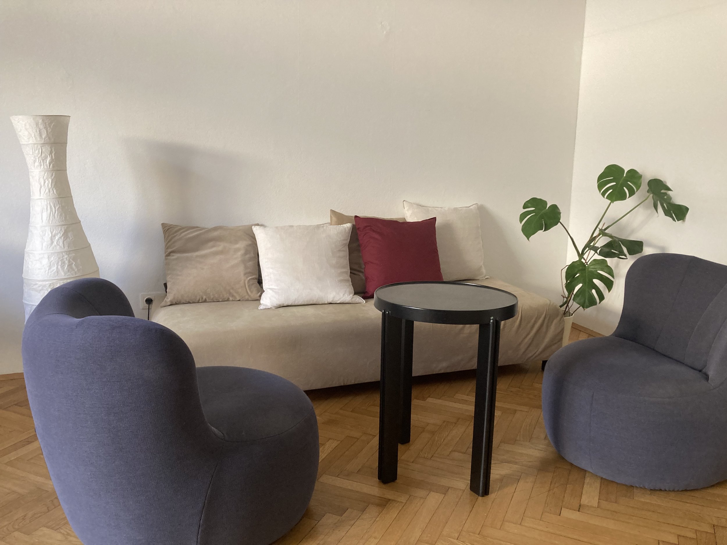 Blick auf die gemütlichen Sitzgelegenheiten im Praxisraum in Baden bei Wien.