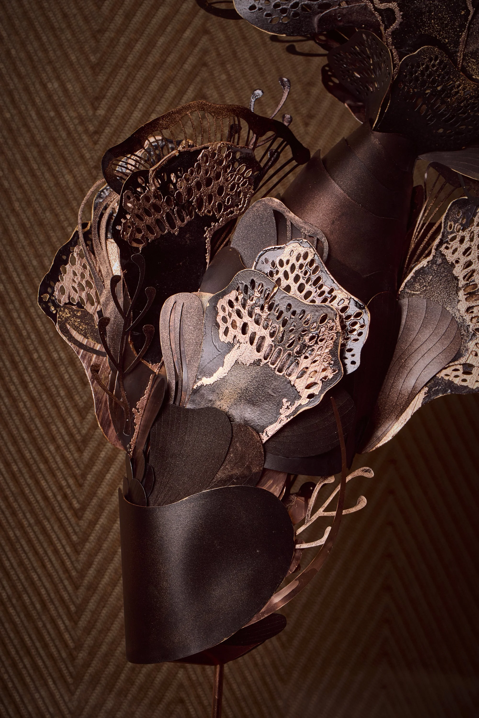 Detail of Sedara by Lisa Lloyd. Electroplated Yupo paper, Copper Sheets, Nara Paper, acrylic paint, alcohol inks, solid marble base. QEST Scholar.