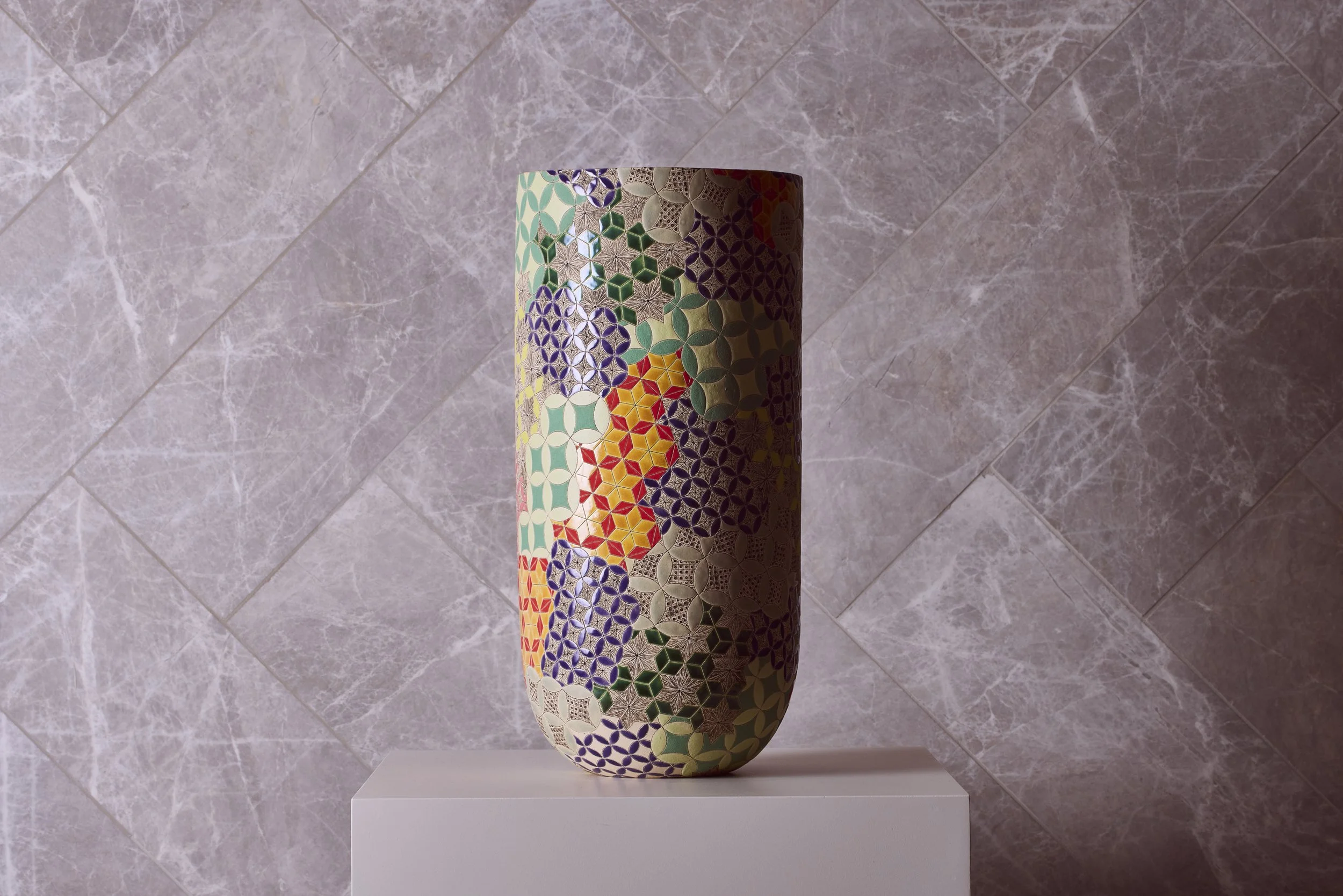 Frances Priest's Vase Form, Grammar of Ornament - Byzantine Polychrome. On view at the entrance of the Mandarin Oriental Mayfair. QEST