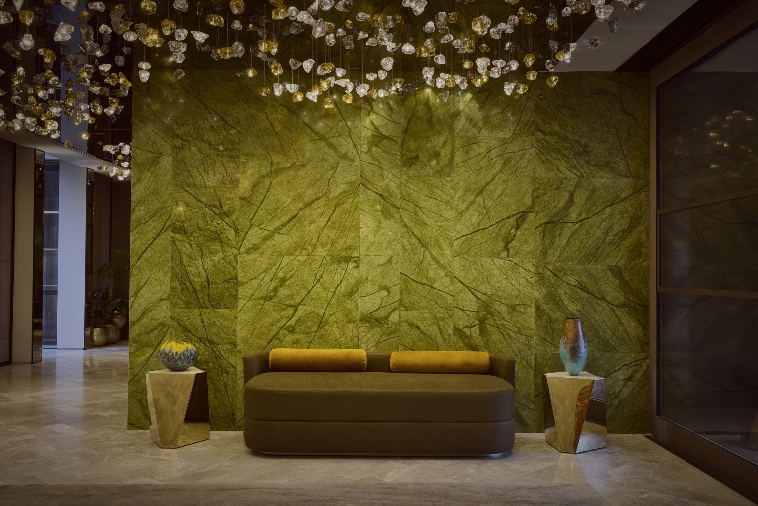 Willow Bloomfield's Phyllon Vessel and Drift Vessel flanking the entrance at Mandarin Oriental Mayfair. QEST