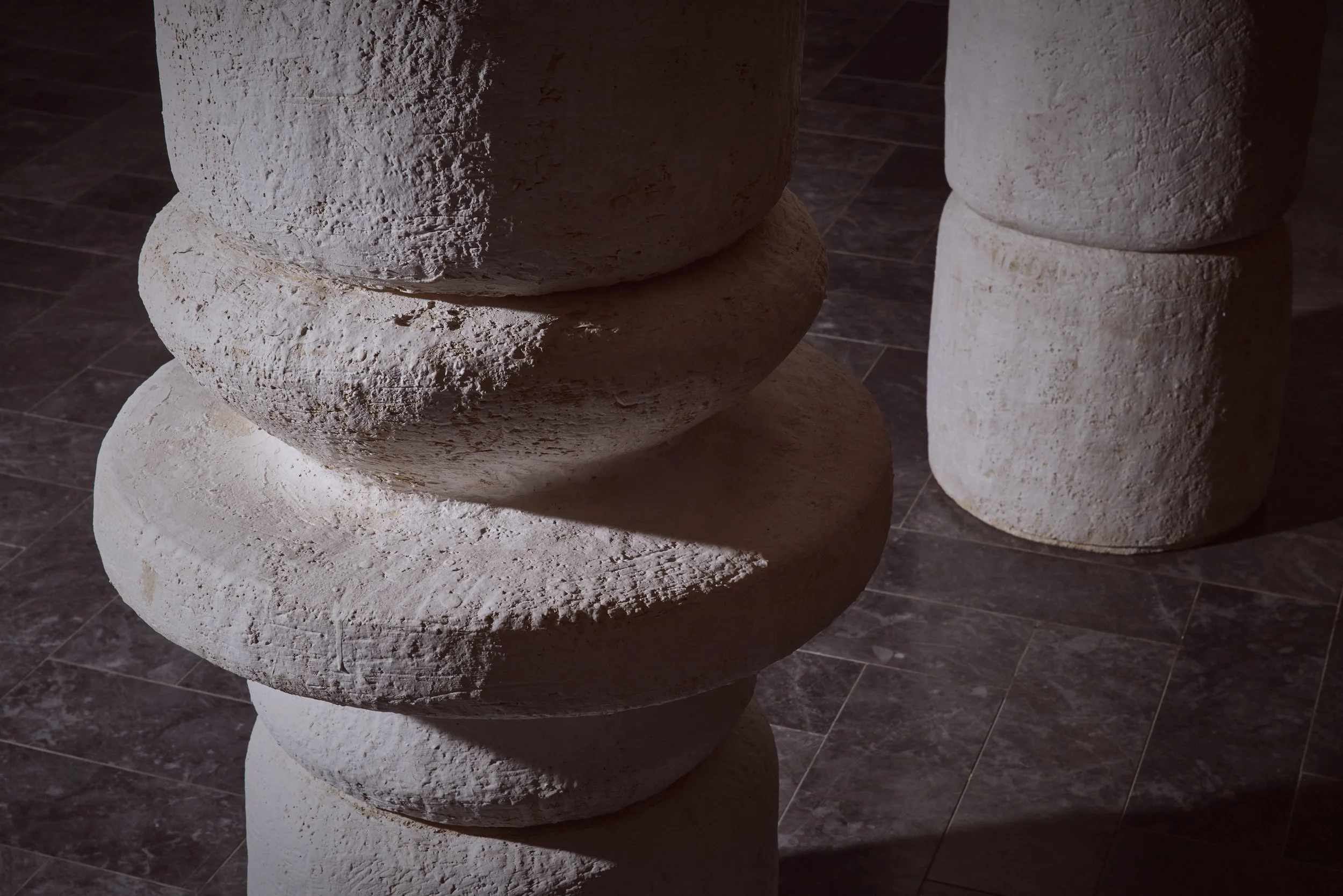 Detail of Abigail Ozora Simpson's Salt Pillar I and Salt Pillar II. Stoneware, ceramic. QEST