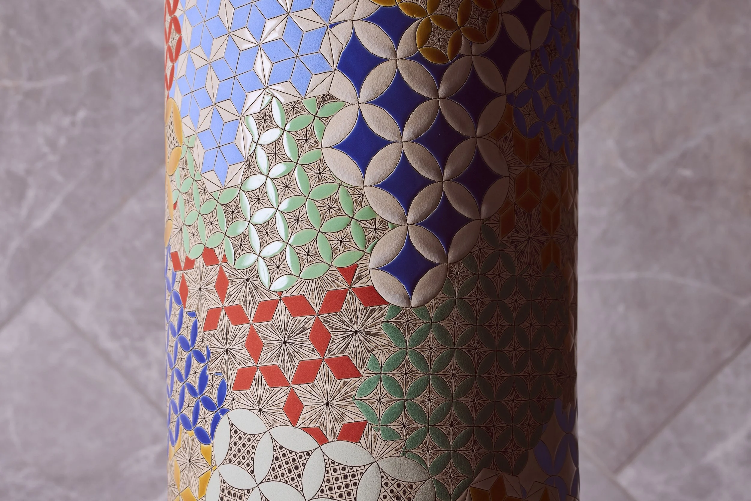 Frances Priest's Vase Form,  Detail of Grammar of Ornament - Byzantine Polychrome. On view at the entrance of the Mandarin Oriental Mayfair. QEST