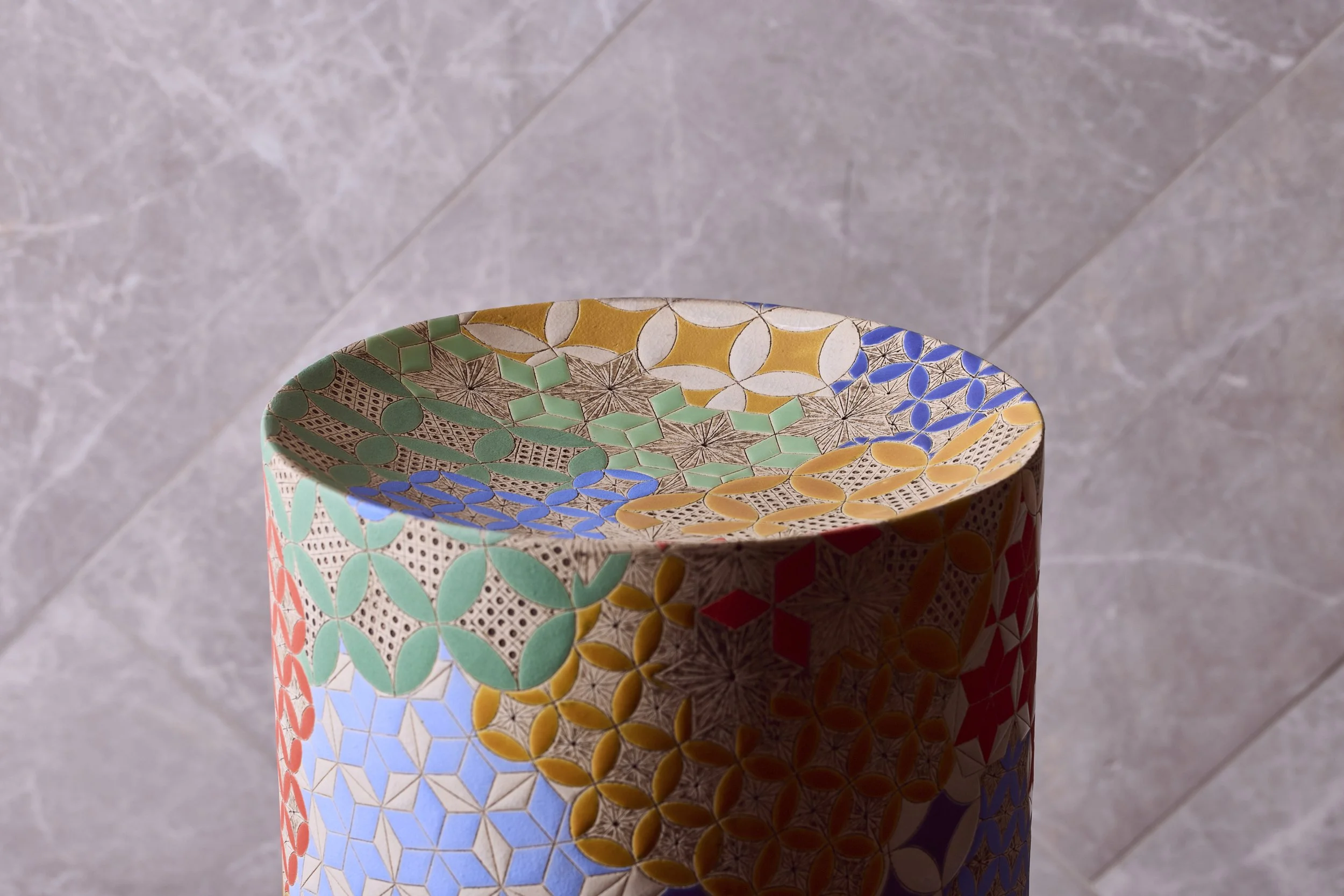 Frances Priest's Vase Form,  Detail of Grammar of Ornament - Byzantine Polychrome. On view at the entrance of the Mandarin Oriental Mayfair. QEST
