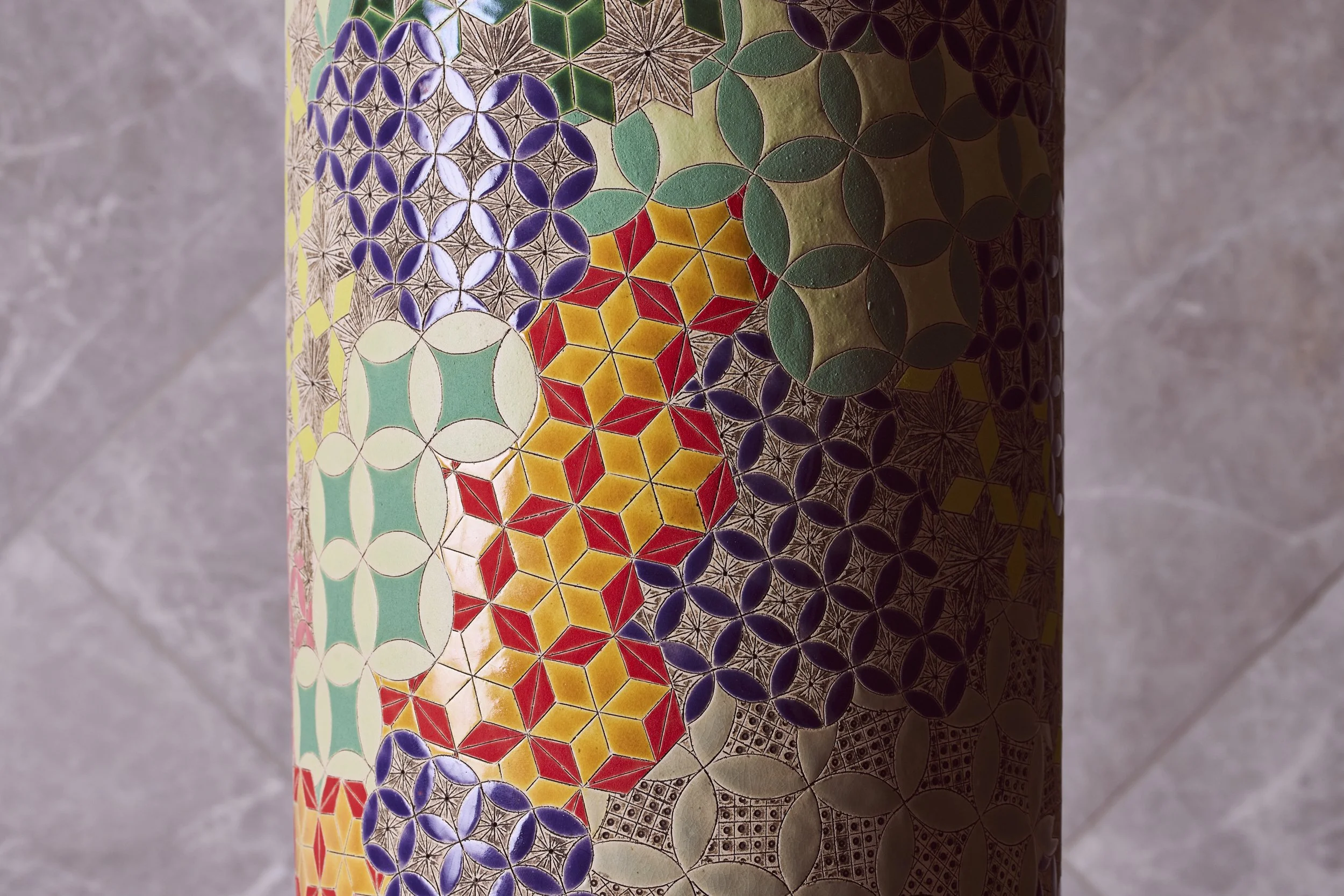 Frances Priest's Vase Form,  Detail of Grammar of Ornament - Byzantine Polychrome. On view at the entrance of the Mandarin Oriental Mayfair. QEST