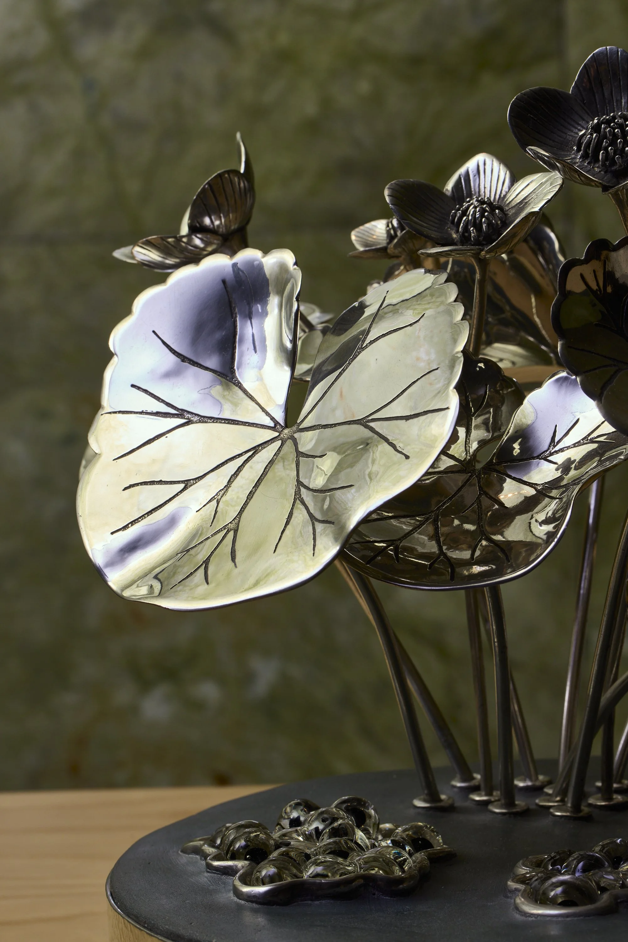 Detail of Fleur Grenier's New Life in Pewter, coloured cast concrete, steel, glass found in the spa at Mandarin Oriental Mayfair. QEST