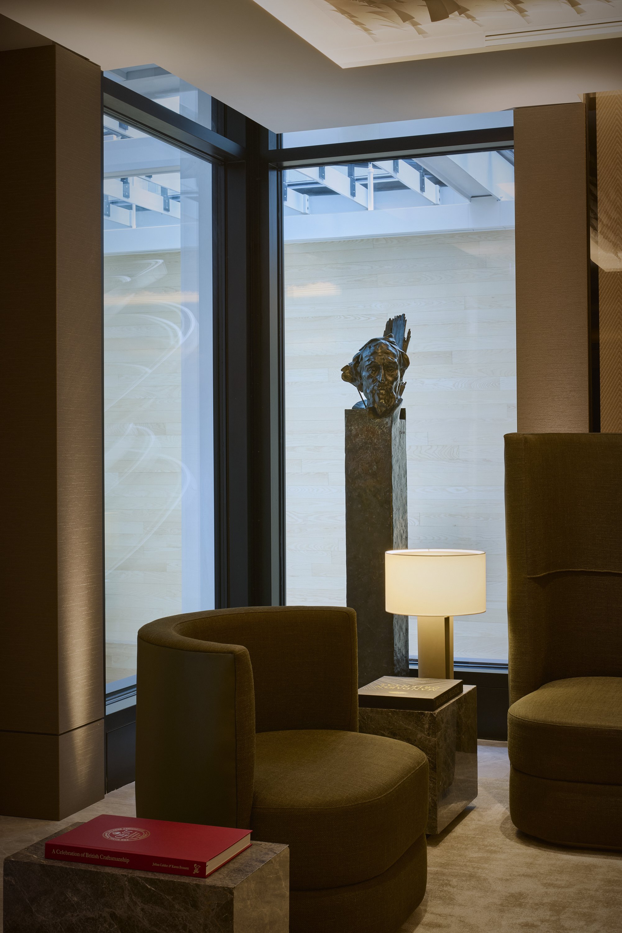 Poppy Field's Daedalus in bronze. Figurative sculpture, Pangolin editions. Edition of 6. On show at the Mandarin Oriental Mayfair at the check--in. QEST