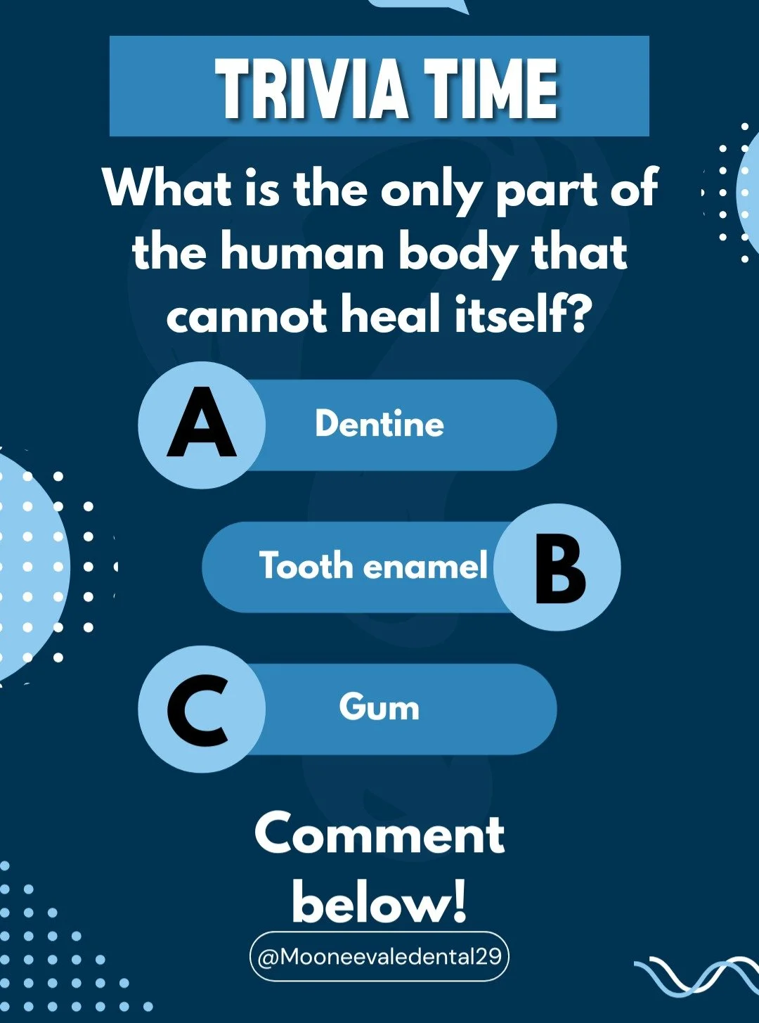 Pop quiz time 🦷👀

Do you know the answer? Comment A, B or C ⬇️

#dentist #3039 #melbournedentist #popquiz #mooneeponds #mooneevaledental