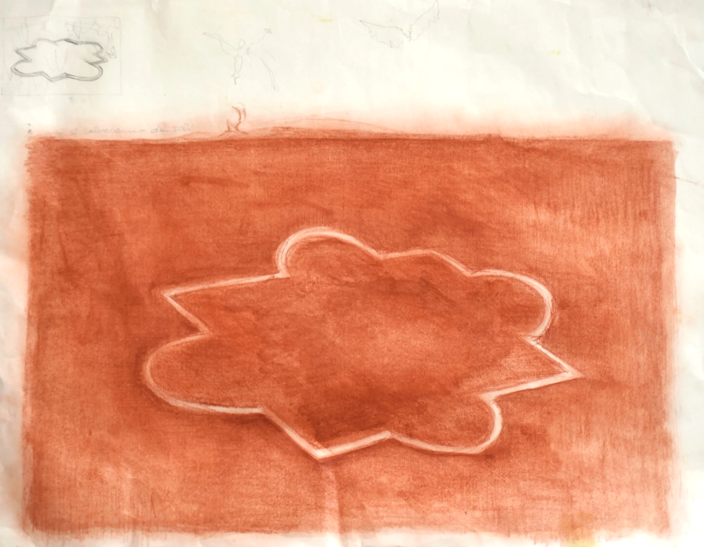 Piazza, 2023, 40 x 30 cm, red chalk and white spirit on wrapping paper