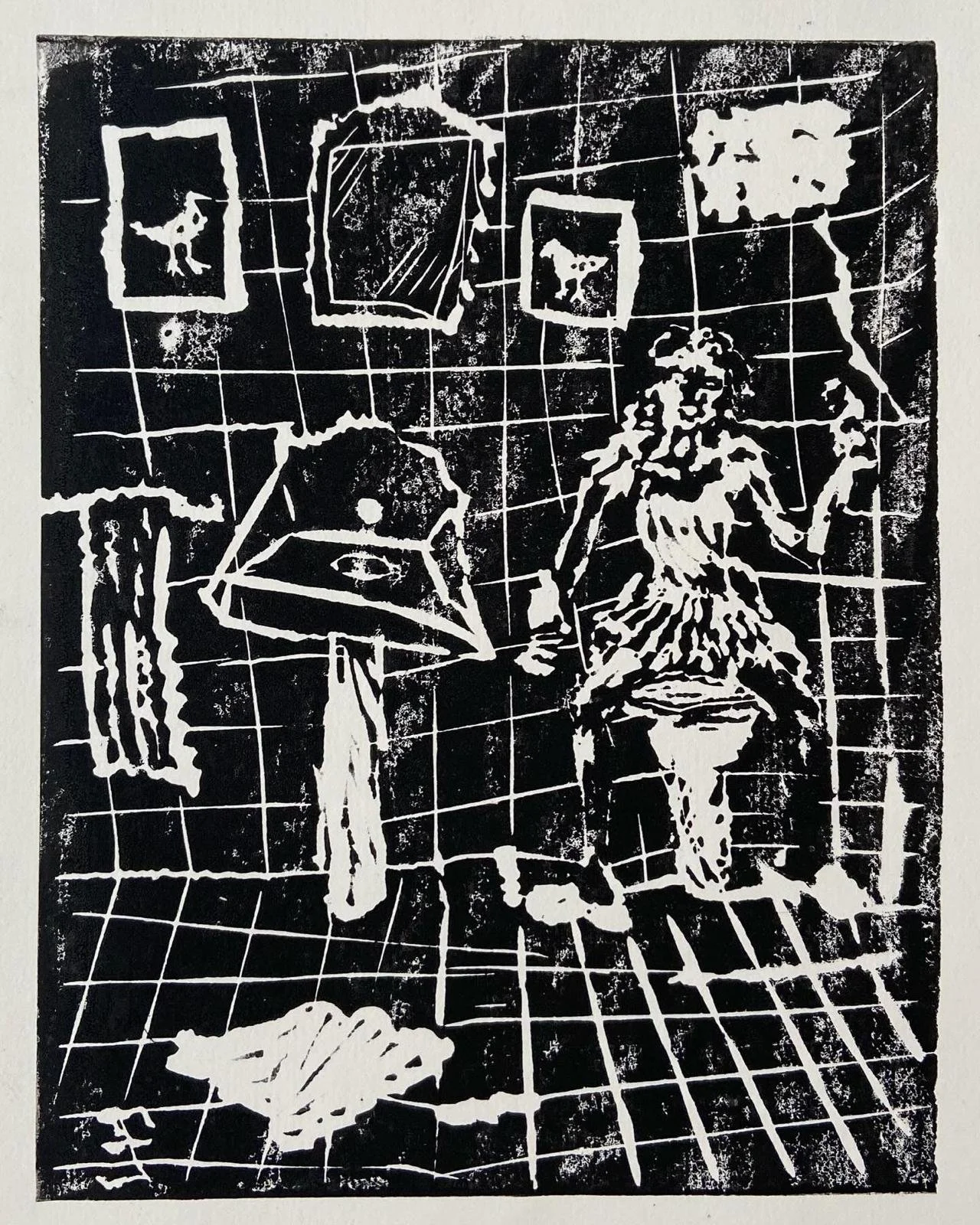 The Madwoman in the Bathroom, 2024,

21 × 27 cm, linocut print on paper